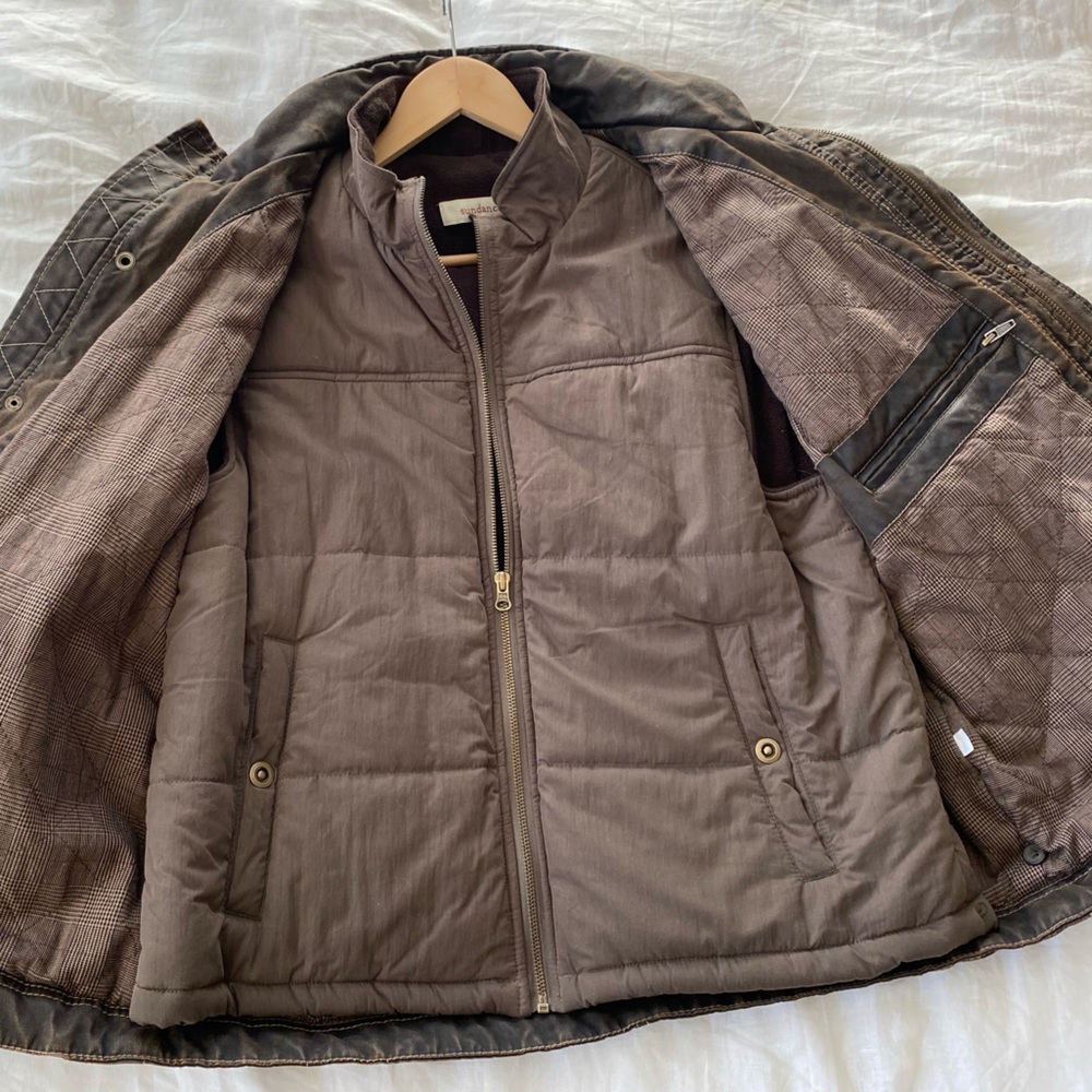 Men’s Sundance Catalog two layered puffy vest and waxed field coat